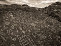 Bishop Sky Stone petroglyphs on the Volcanic Tableland - black & white