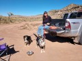 Friend, Joyce Martini, and pups at Three Kiva Pueblo - Montezuma Creek Canyon - Utah